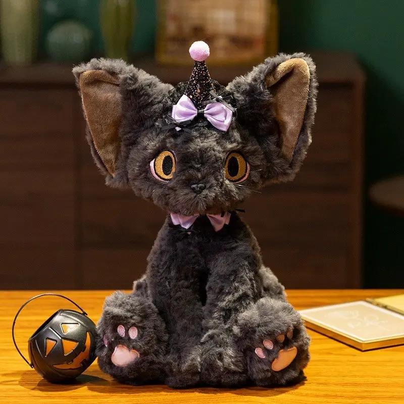 1pc Halloween German Curly Cat Gift, with Spider Web Printed Tie, Big Eyes Black Cat Doll, Soft Plush Desktop Ornament, Holiday Gift, Bedroom Decoration, Small and Cute Cat