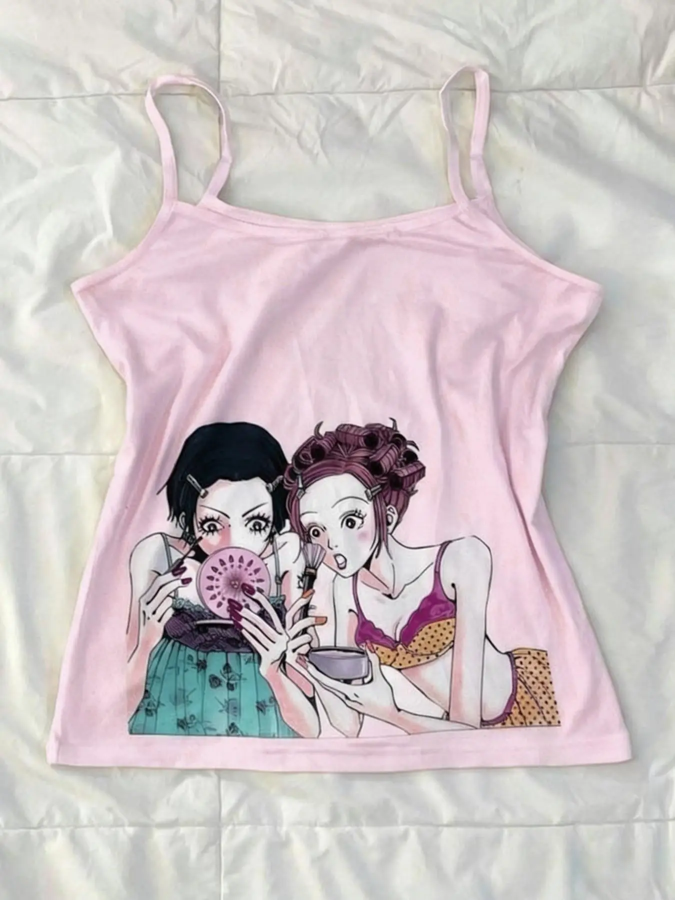 Women's Sleeveless Fitted Tank Top, Cute Cartoon Girls Makeup Mirror Print, Y2K Graphic Casual Fashion Sleeveless Top for Summer Streetwear, Casual Sleeveless Tops