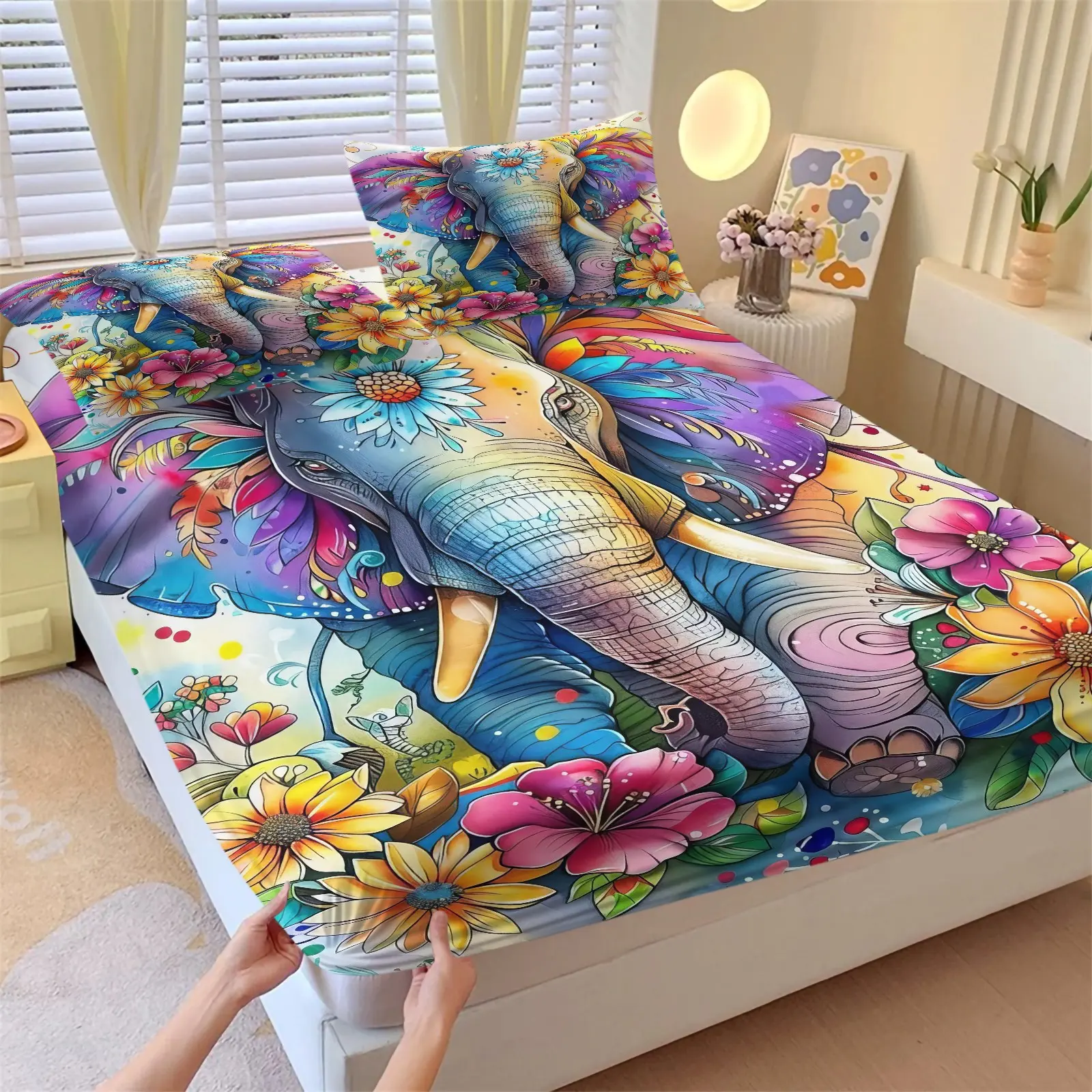 3Pcs Vibrant Boho Elephant Fitted Sheet Set, Rainbow Floral Wildlife Art Print Bed Sheets Set, Soft Deep Pocket Bedding Set, Bohemian Aesthetic for Adults Teens Bedroom Decor, No Filling
