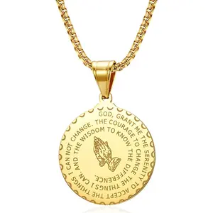 Serenity Prayer Necklace with Praying Hands Coin Pendant, Lords Prayer Bible Verse Courage Wisdom, First Communion Confirmation Religious Jewelry for Men Women, Stainless Steel 24 inches