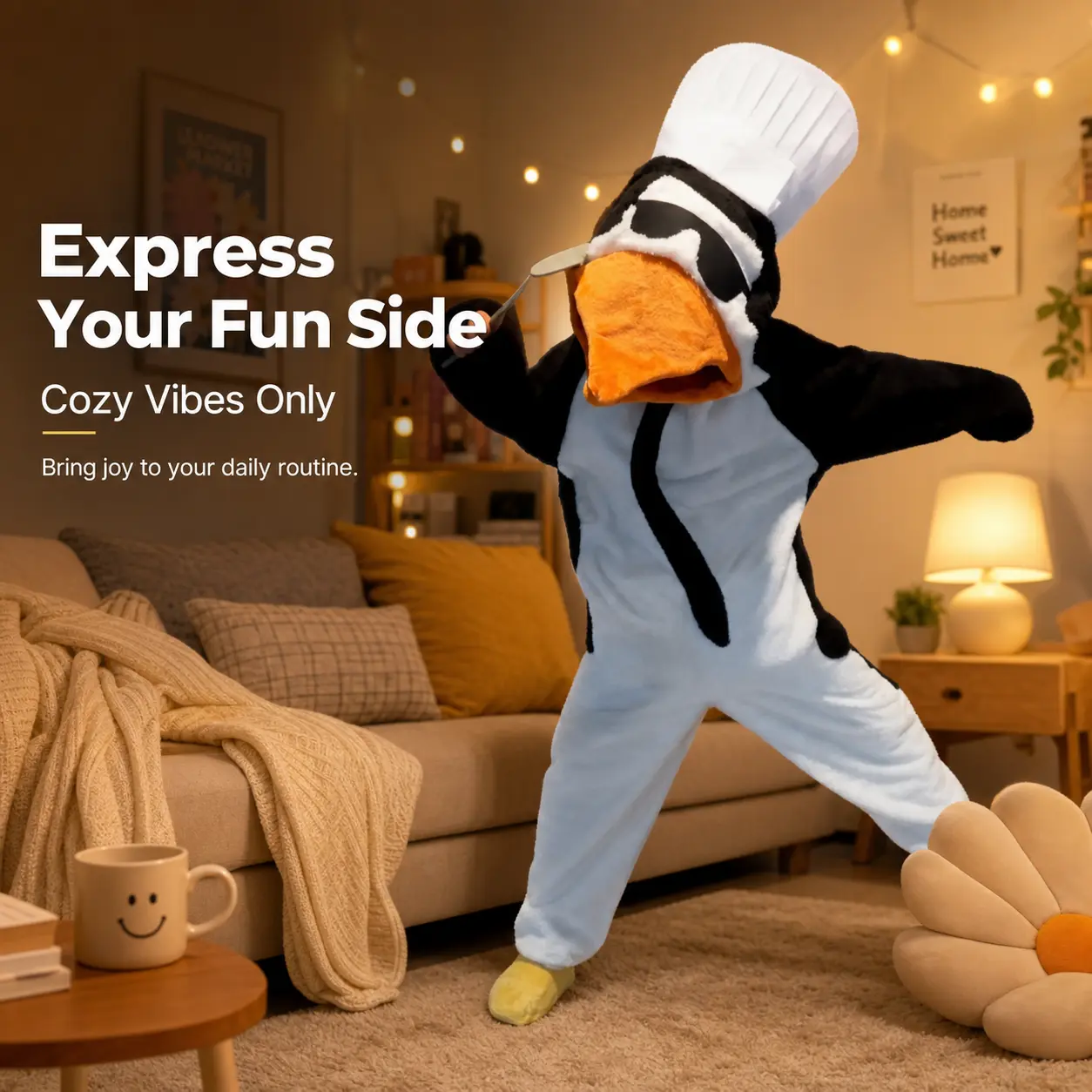 Unisex Penguin Chef Onesie Costume, Oversized Coral Fleece Long Sleeve Bodysuit with Plush Accessories and Attached Slippers