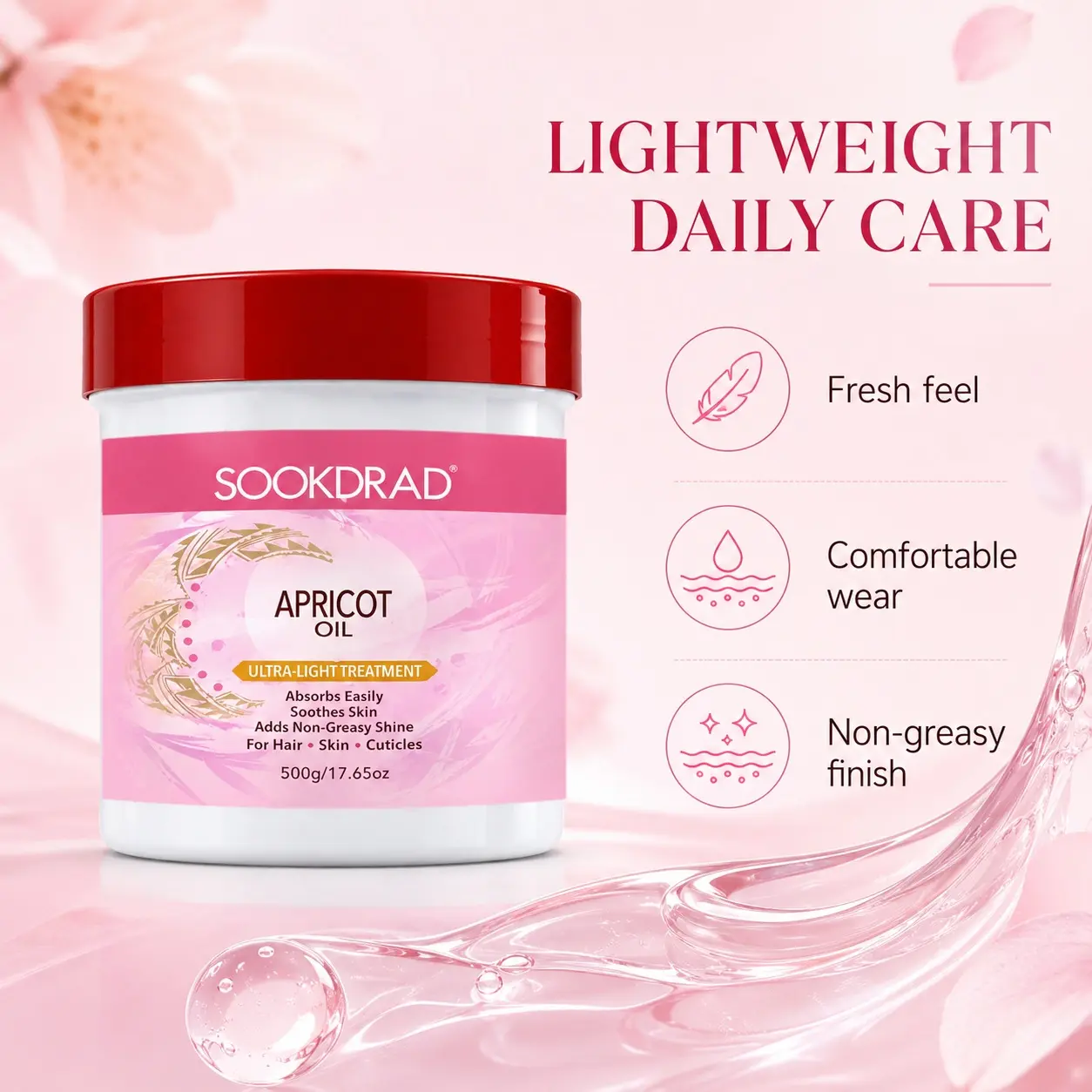Apricot Oil, Ultra-Light Treatment, Absorbs Easily, Soothes Skin, Non-Greasy Shine, For Hair, Skin, Cuticles, 500g/17.65oz