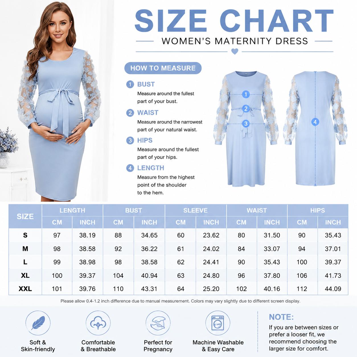 Women's Maternity Floral Mesh Long Sleeve Dress Elegant Round Neck Pregnancy Dress for Baby Shower, Party, Soft Stretch Comfortable Slim Fit Nursing Friendly  BYL