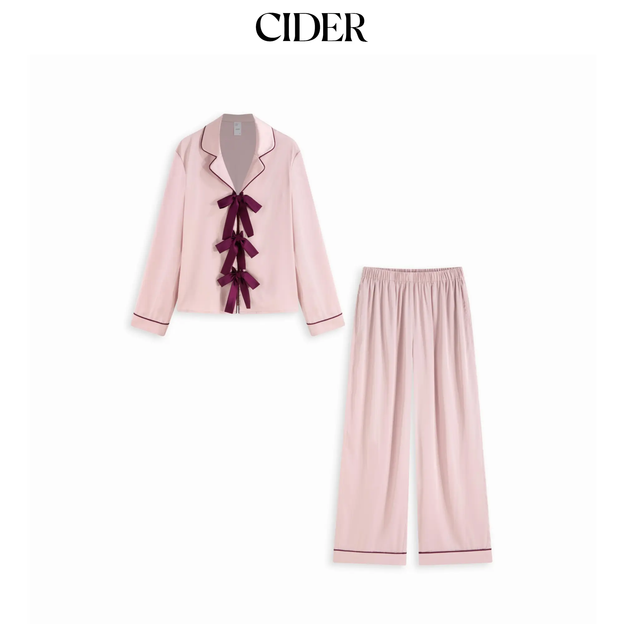 Cider Blush Pink Contrast Bow Lapel Pajama Set - Long Sleeve Top & Wide Leg Pants Loungewear
