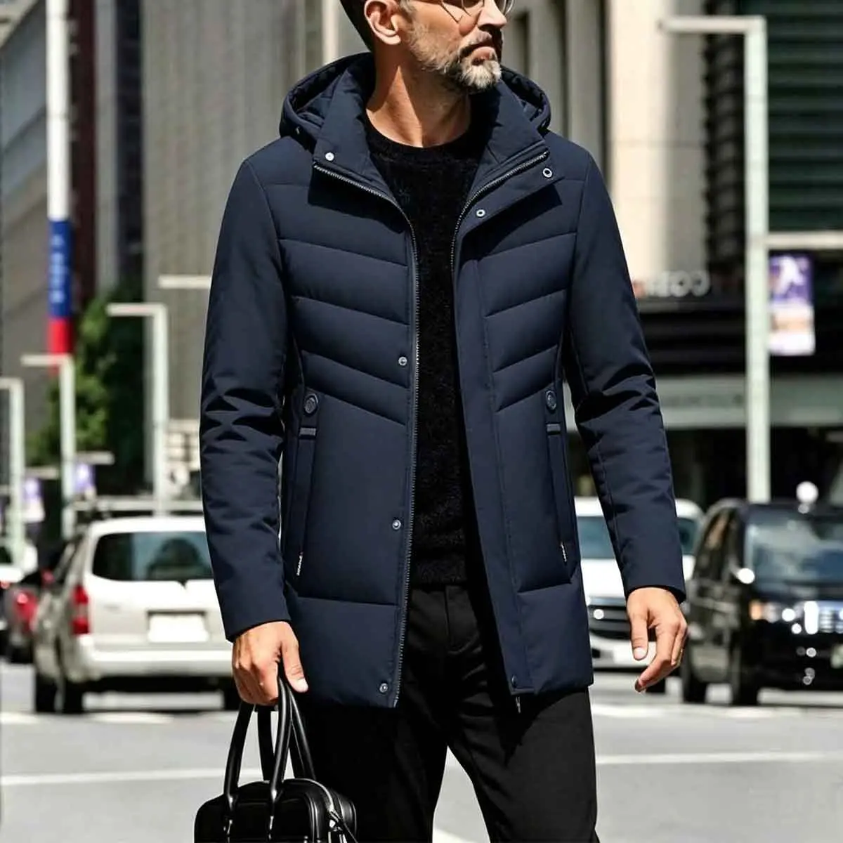 Menswear Long-Sleeve Plain Minimalist Mid-Length Hooded Padded Winter Coat - Slim-Fit Quilted Warm Tops, Zip-Snap Button Windproof Outerwear, Thermal for Business Work, City Commute