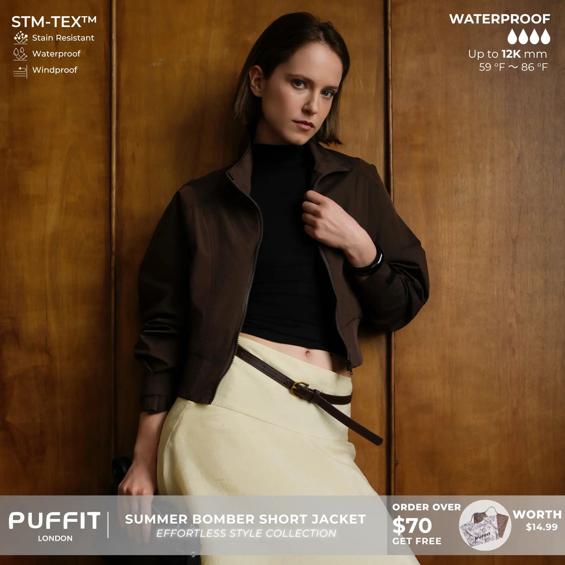PUFFIT Effortless Style Short Summer Jacket With Elasticated Ribbed Hem,Adjustable Velcro Cuffs,Waterproof,Stain-resistant,Outdoor Sport,Summer Jacket,Inner Pocket Design,School Running,Dog Running,Football Mum,Spring,Womenswear,Windbreaker