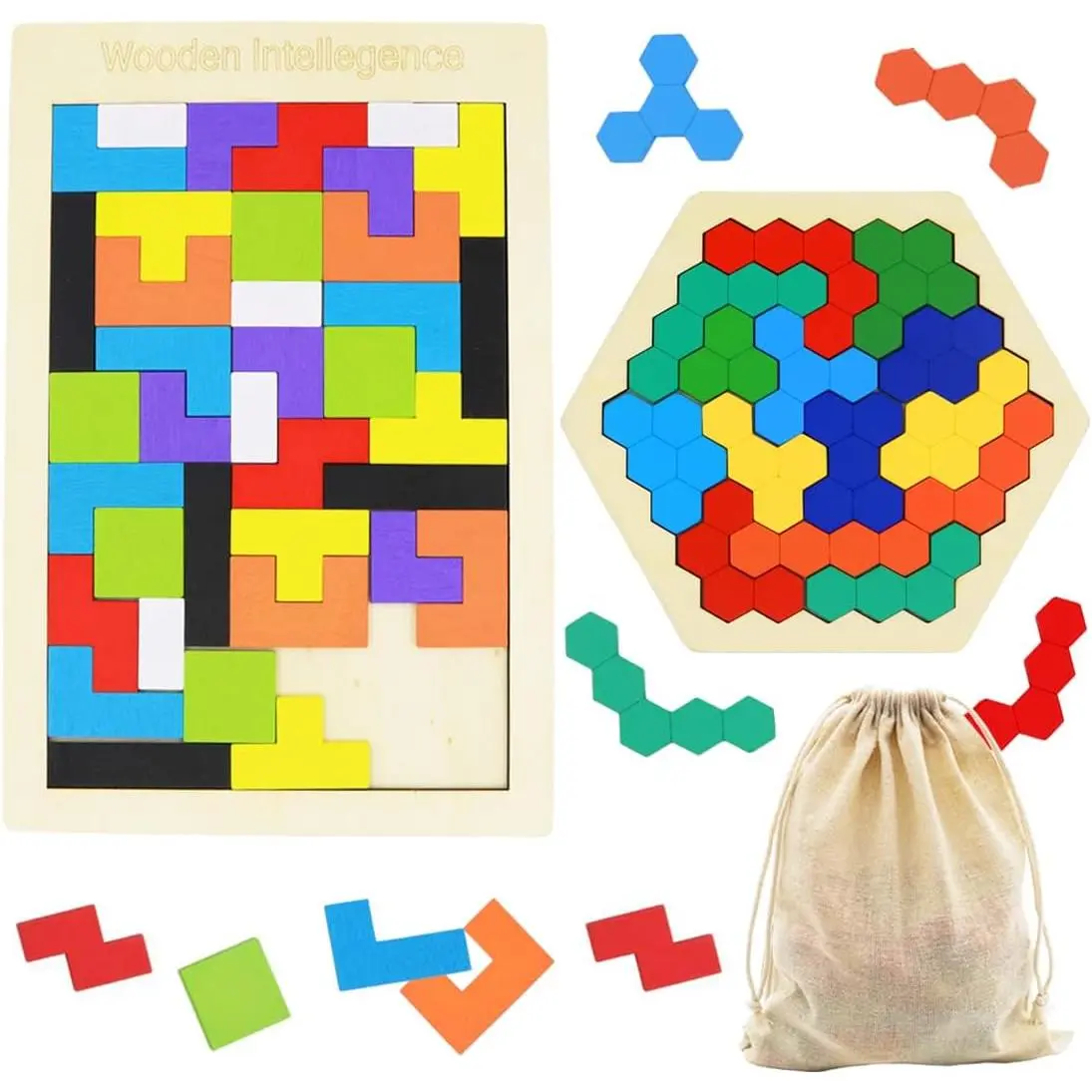 2 Pack Wooden Russian Blocks Puzzle + Hexagon Puzzles for Kids & Adults, Wooden Block Puzzle Intelligence Brain Teasers Toy Logic Game STEM Educational Gift for Childrenfidget toys