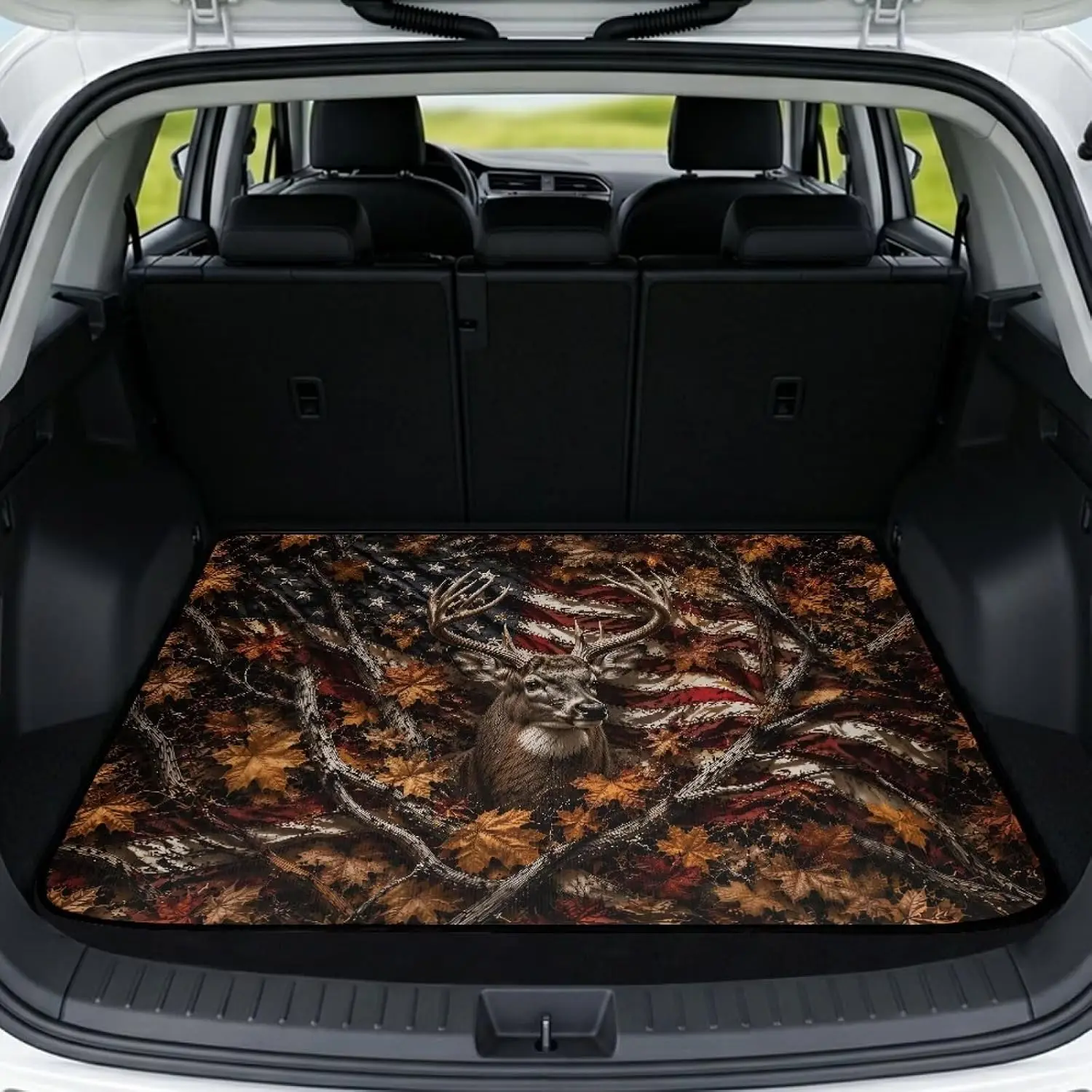American Flag Deer Trunk Mat for Car Universal FIt Hunting Camouflage Car Cargo Liner Mat Foldable Rear Trunk Floor Mat All Weather Protection Car Interior Accessories