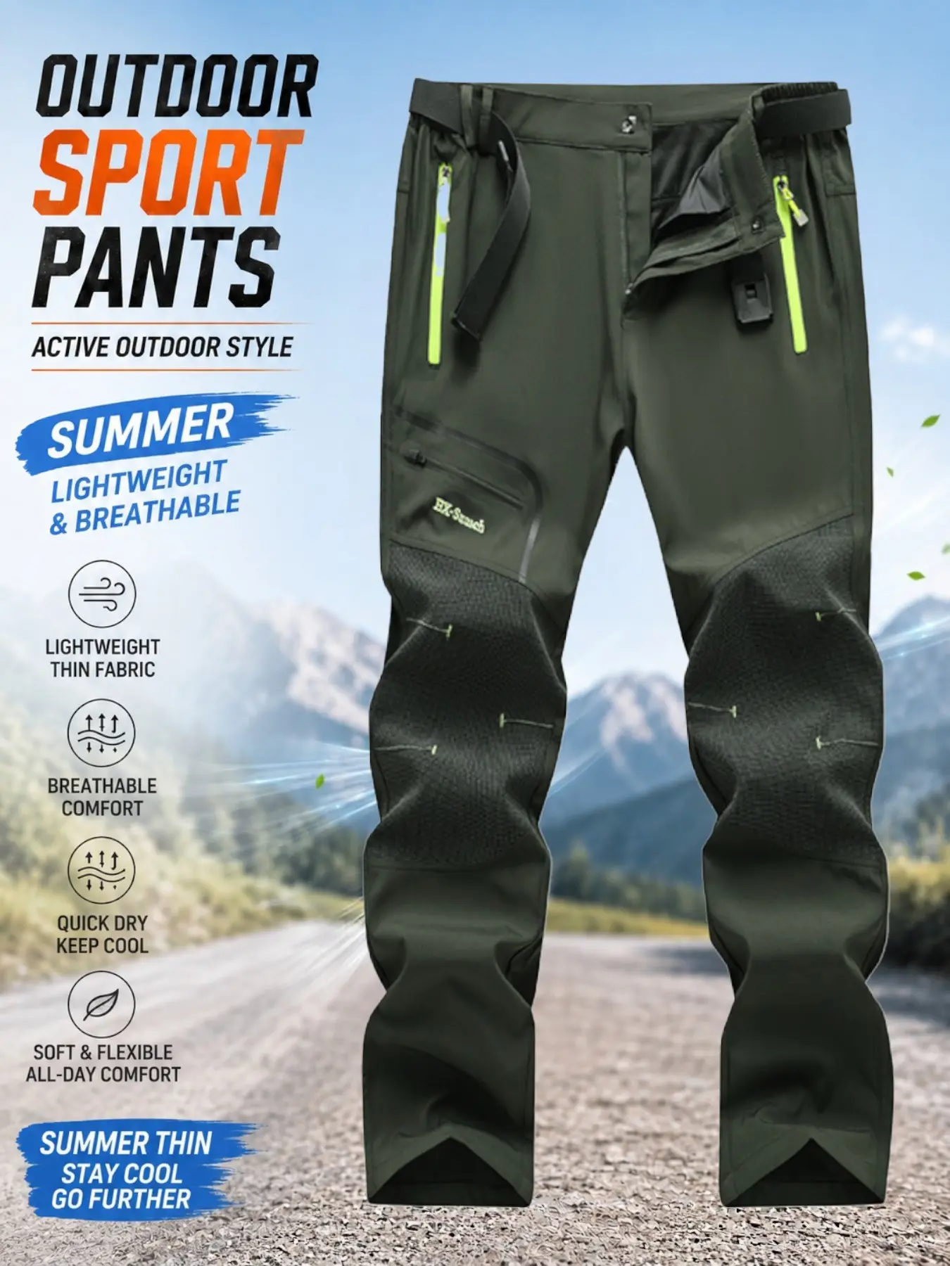 Men's Outdoor Sport Activewear Tactical Pants, Thin Soft Shell Windproof Waterproof, Knee Reinforced, Multiple Zip Pockets, Waist Belt, Durable