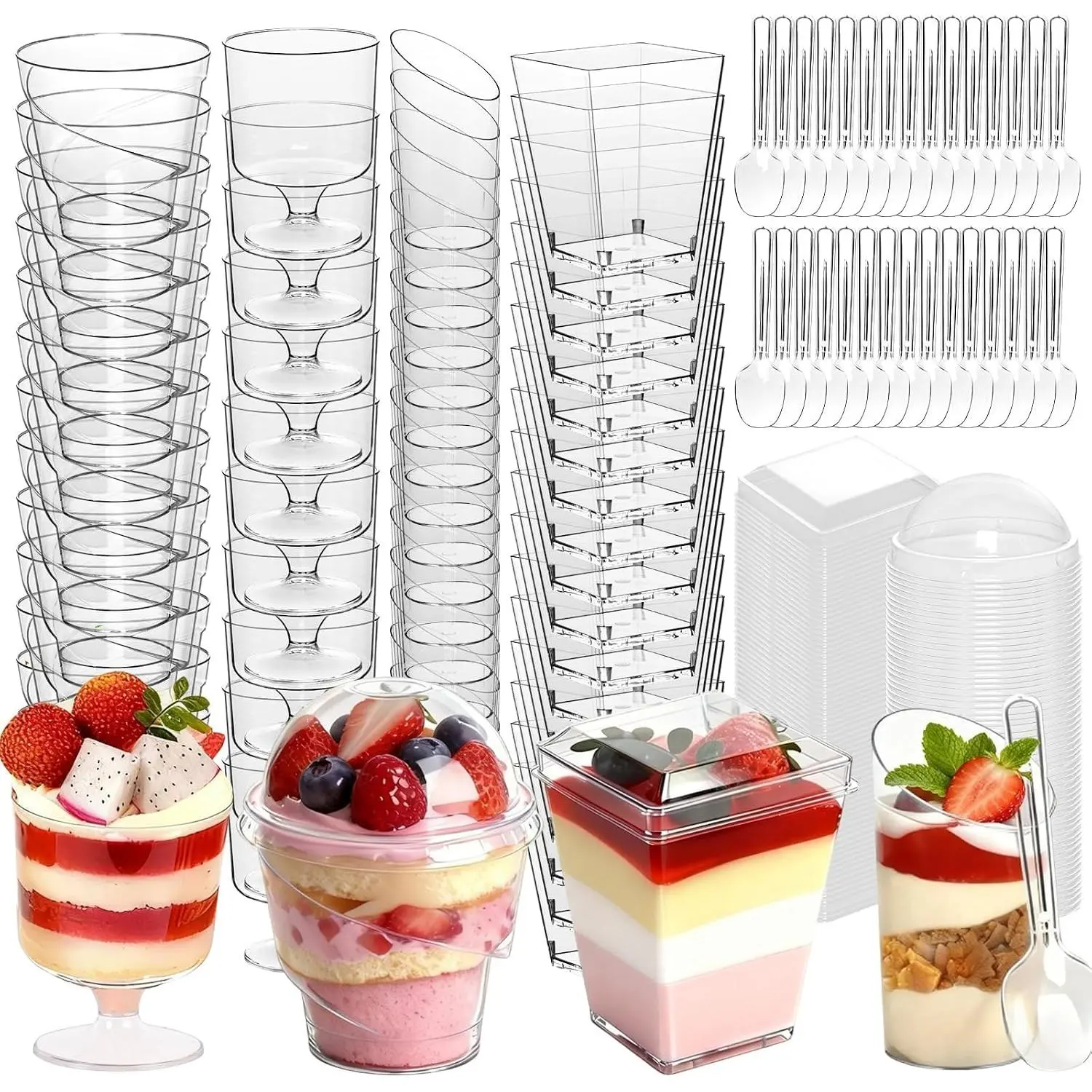 400-Pack 5 oz Dessert Cups with  and Spoons, Clear Plastic Parfait & Yogurt Cups, Mini Shooter Cups for Parties, Ice Cream, Pudding, Fruit | Square Appetizer Containers