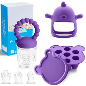 6-in-1 Baby Fruit Feeder Pacifier & Baby Food Feeder Set – Silicone Breastmilk Popsicle Mold with Freezer Tray, Teething Relief Toy, BPA Free Infant Feeder, 3 Sizes (S/M/L) Sacs (Purple)
