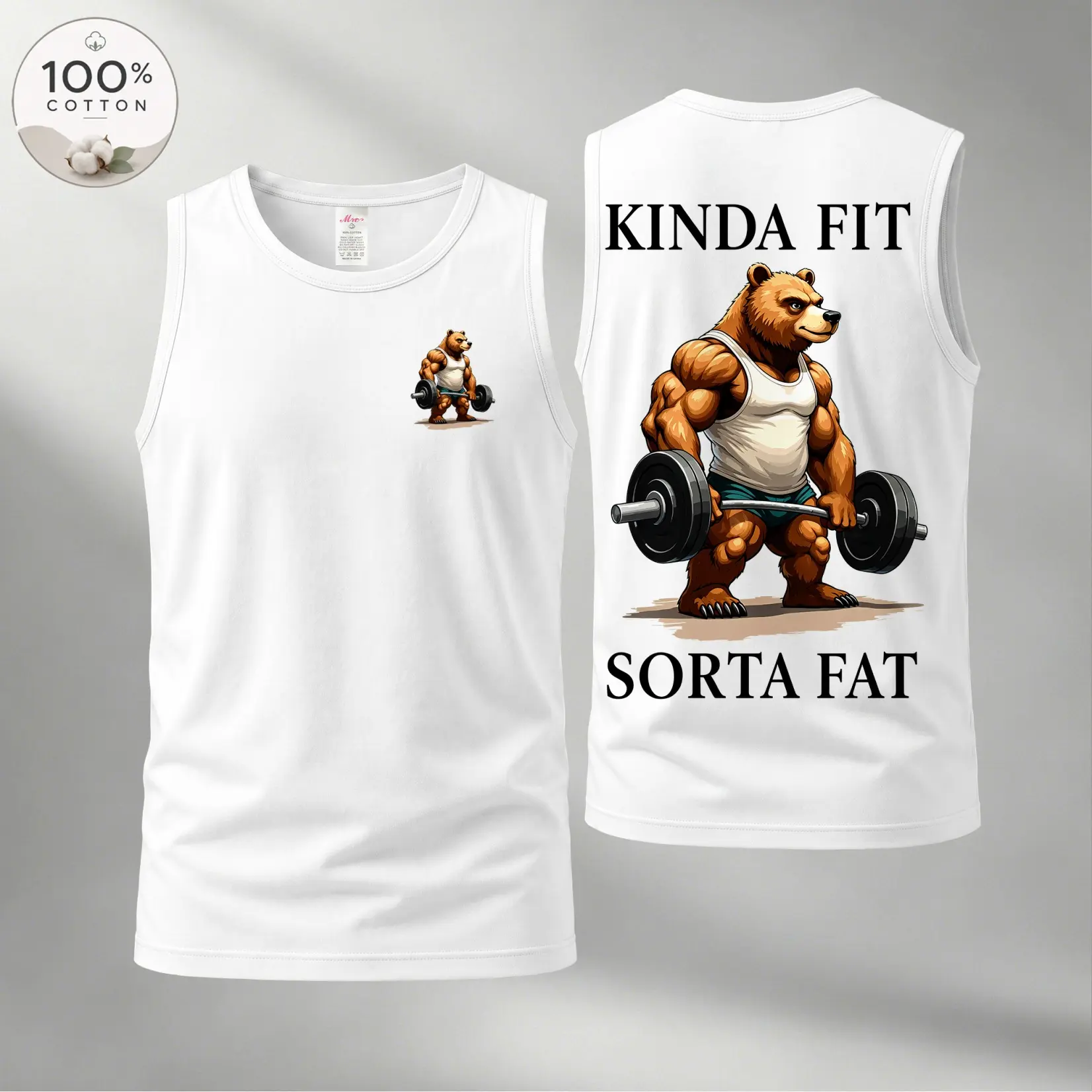 Men’s 100% Cotton Sleeveless Tank Top, Funny Bear Gym Graphic Muscle Shirt, Front and Back Print Casual Summer Vest, Soft Breathable Loose Fit Workout Tee for Daily Wear