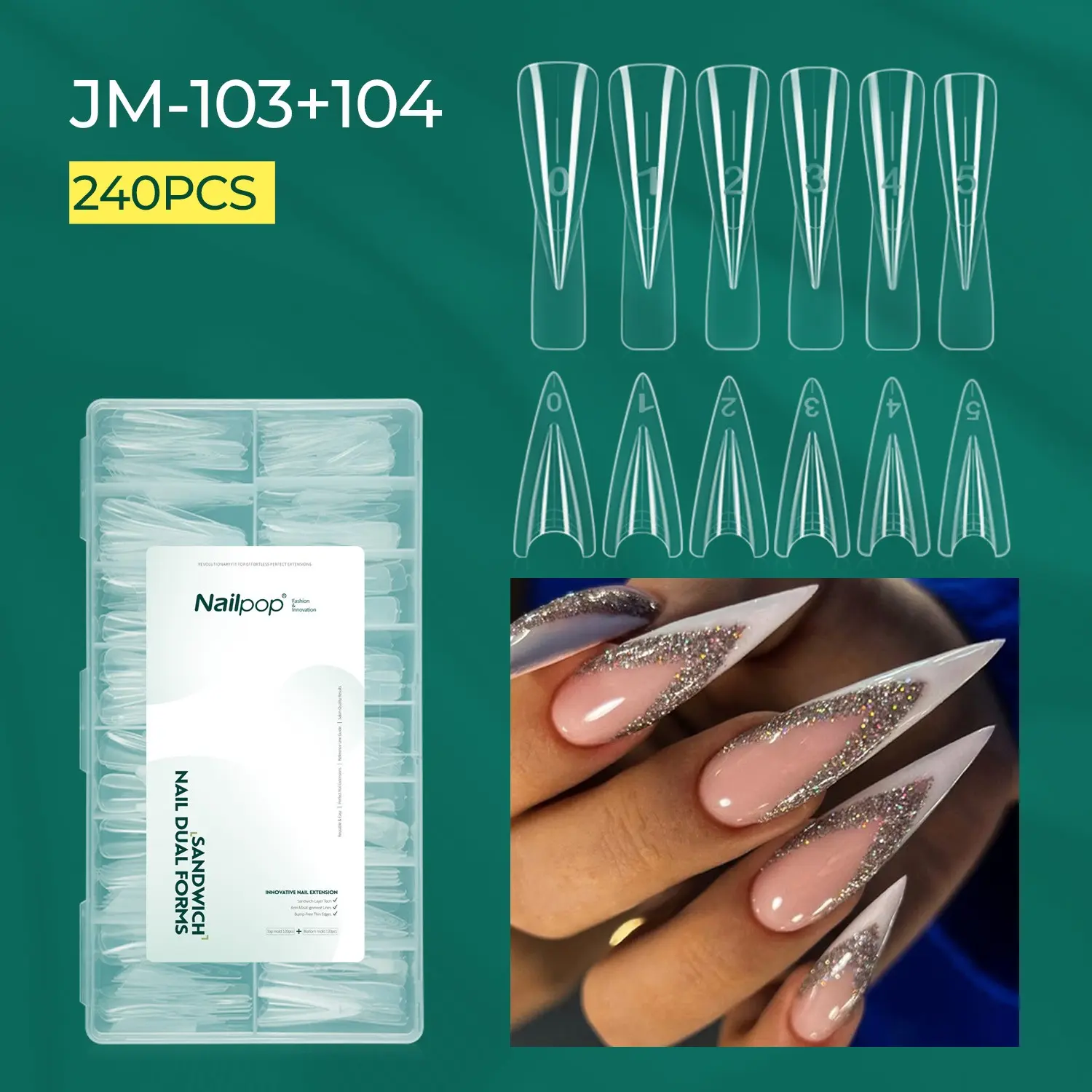 Sandwich Dual Forms F1 Nail Mold Clear Nail Extension Forms Dual Nail Forms for Builder Gel Acrylic Gel 15 Sizes 240PCS