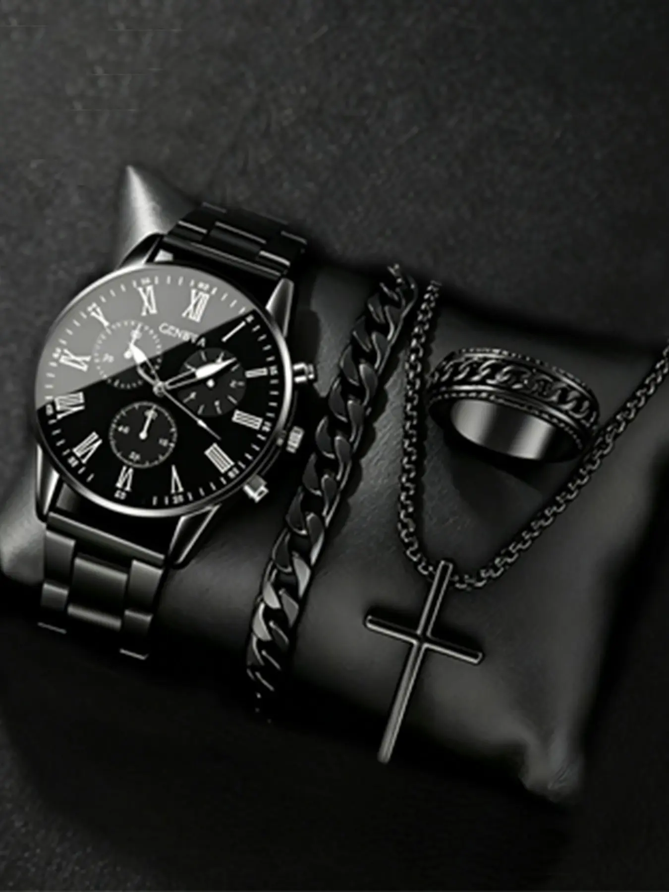 Men's Watch Jewelry Set (4 Piece), Geneva Chronograph Analog Quartz Watch, Roman Numerals, Stainless Steel Band, Cuban Chain Bracelet, Cross Necklace, Ring