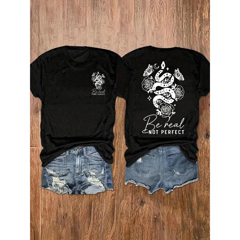 Men's Retro Classic Soft Cotton Short-Sleeve T-Shirt - Round Neck, "Be Real Not Perfect" Snake & Rose Print, Neat Stitching, Foldable Outdoor Fabric, Loose Unisex Streetwear Athletic Top (Refer to Size Chart)