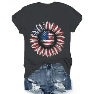 Summer t Shirts patriotic american flag sunflower womens plus size sports short sleeve t shirt dark grey -1 A79