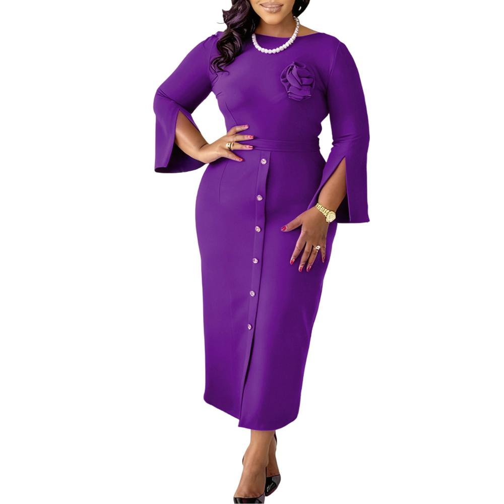 Spring Summer Clothes Latest Trendy Women Elegant Classy Church Dresses Slit Sleeve African Dress Office Ladies Work Formal Events Gown with Flower