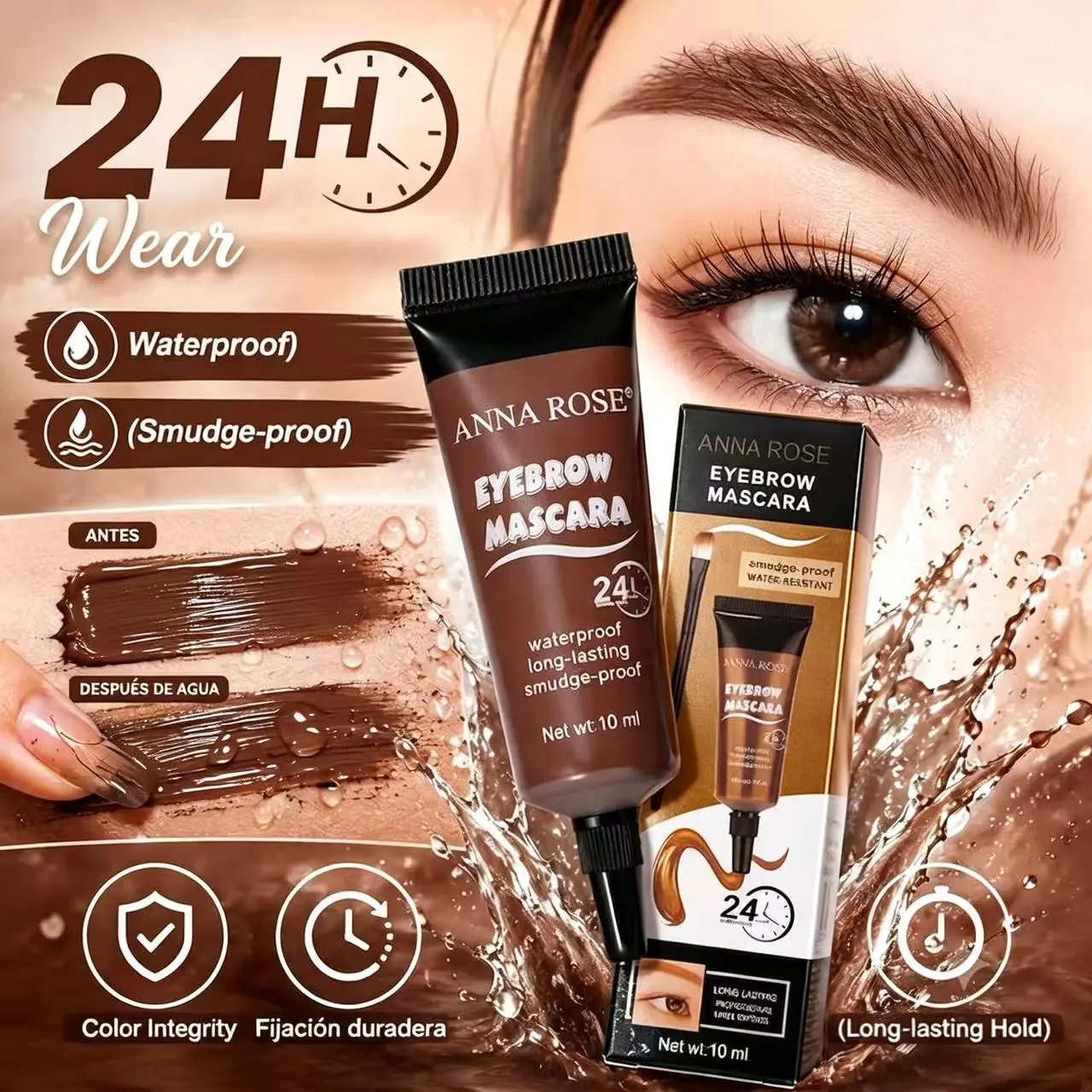 ANNA ROSE Waterproof Eyebrow Mascara Cream with Angled Precision Brush, 3 versatile warm brown shades, Brow Makeup Products. Buildable tinted gel fills sparse brows, shapes fluffy natural hair-like brows, smudge-proof sweat-resistant long-lasting.