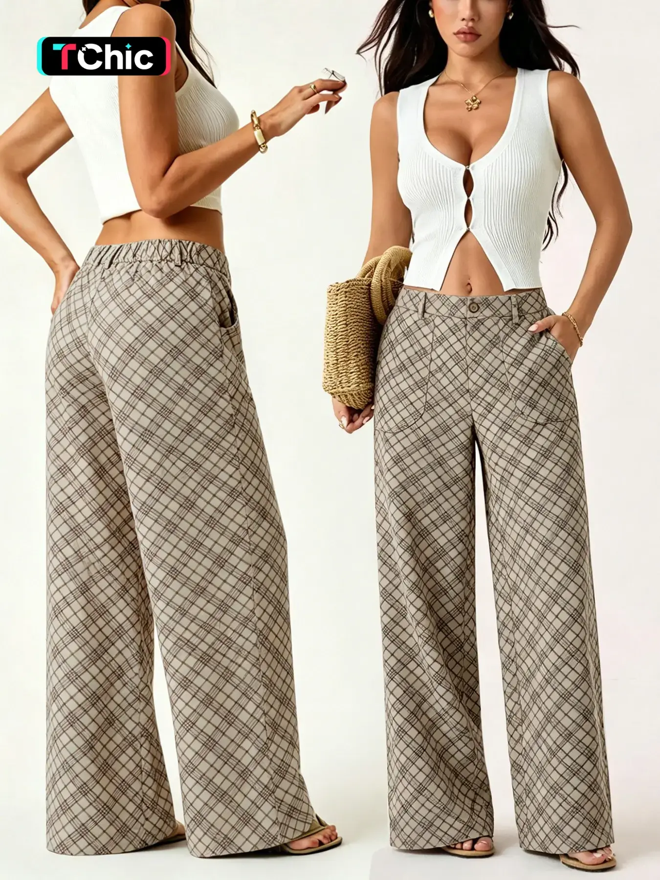 Women's Plaid/pure Color High-Waisted Wide-Leg Loose Pants, Four-Season Long Pants, Casual Fit Trousers, Stylish and Comfortable, Casual, Fit, Casual Fashion Bottoms, Perfect for Daily Wear