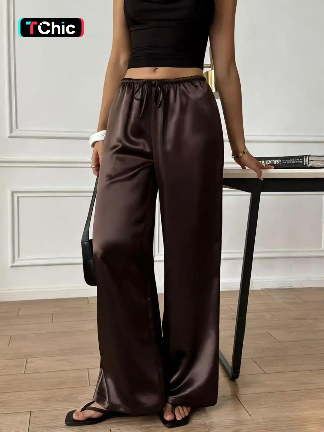 Coffee Brown Satin Wide Leg Pants Women High Waist Loose Fit Elastic Waist Drawstring Trousers Silky Flowy Straight Leg Palazzo Pants Elegant Chic Casual Lounge Holiday Fashion Casual Summer Bottoms