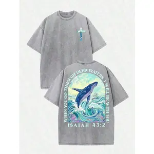 (230g T-Shirt)Men's Loose Washed Cotton "When You Go Through Deep Waters" Turtle Graphic T-Shirt, Comfortable Christian Faith Tee With Bible Verse, Breathable Retro Streetwear - Gift ChoiceLoose And Comfortable Tops