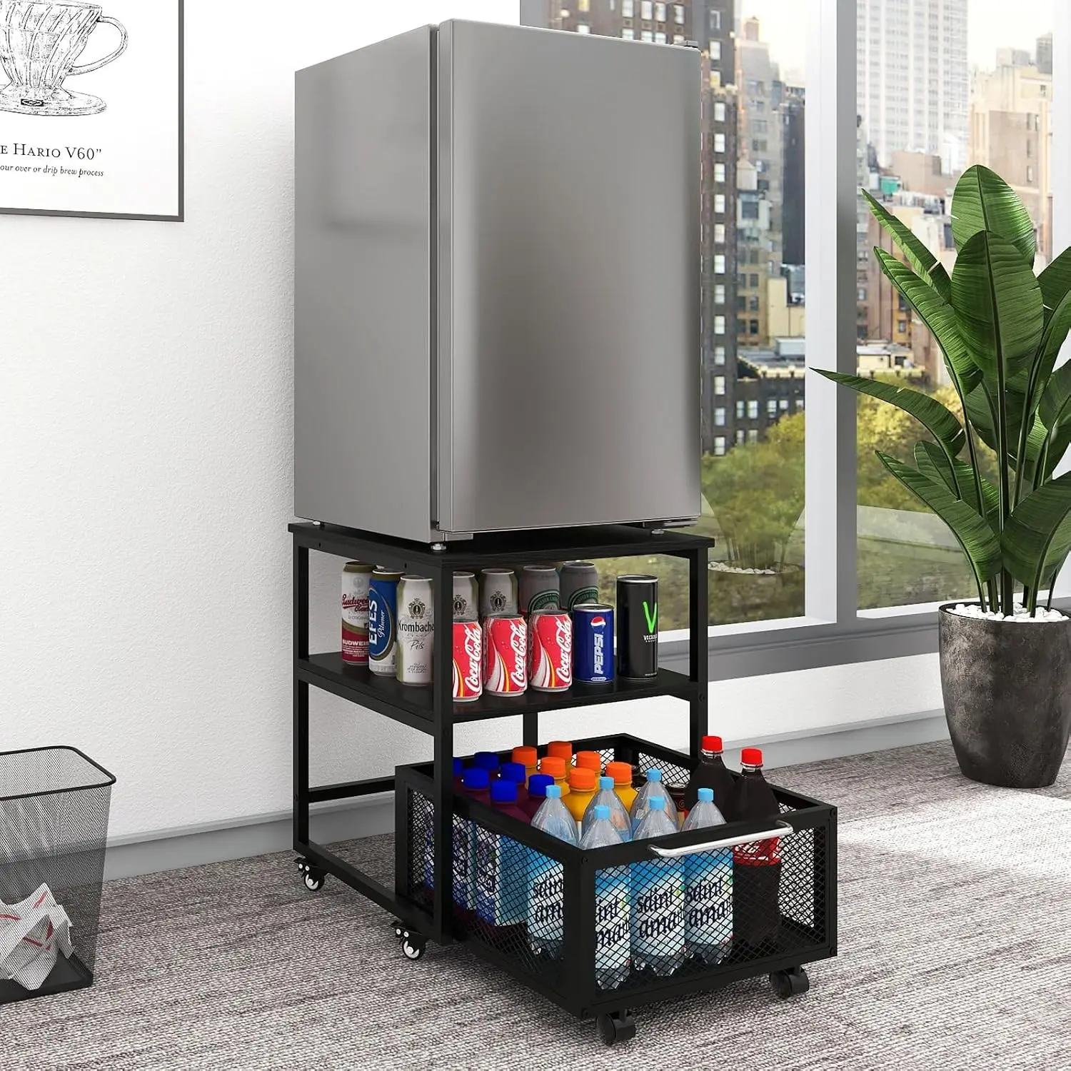 19.7"x19.7" Mini Fridge Stand 3-Tier Beverage Fridge Table, Black | 220-LB Capacity Beverage Refrigerator Table, Heavy Duty Rolling Organizer with Drawers for Dorm Apartment Office Bedroom