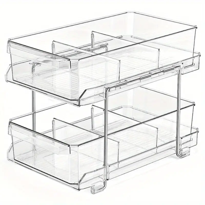 Double-layer bathroom storage rack, transparent multi-functional pull-out storage box with partition design, universal storage organizer for under sinks and cabinets, ideal storage gadget for both kitchen and bathroom