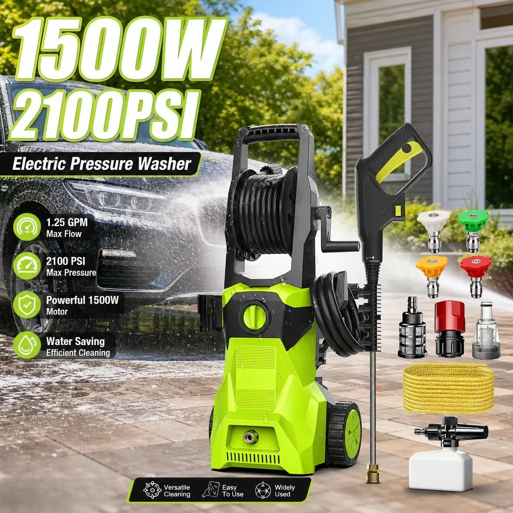 1500W Electric Pressure Washer, Power Washer with 4 Quick Connect Nozzles 1 Foam Cannon, 52ft Hose Reel, High Pressure Cleaning Machine for Cars/Fences/Driveways/Patios/Farms/Home Cleaning
