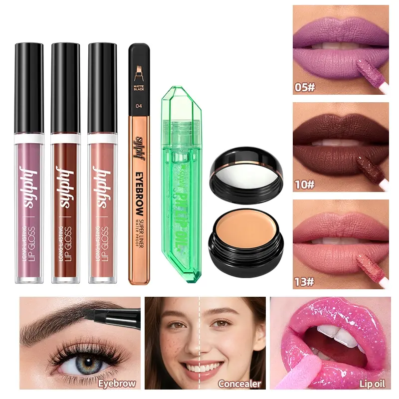 6-piece makeup set, lip gloss, concealer, eyebrow pencil, lip oil, holiday gift, beauty set, Glossy Cosmetic Set