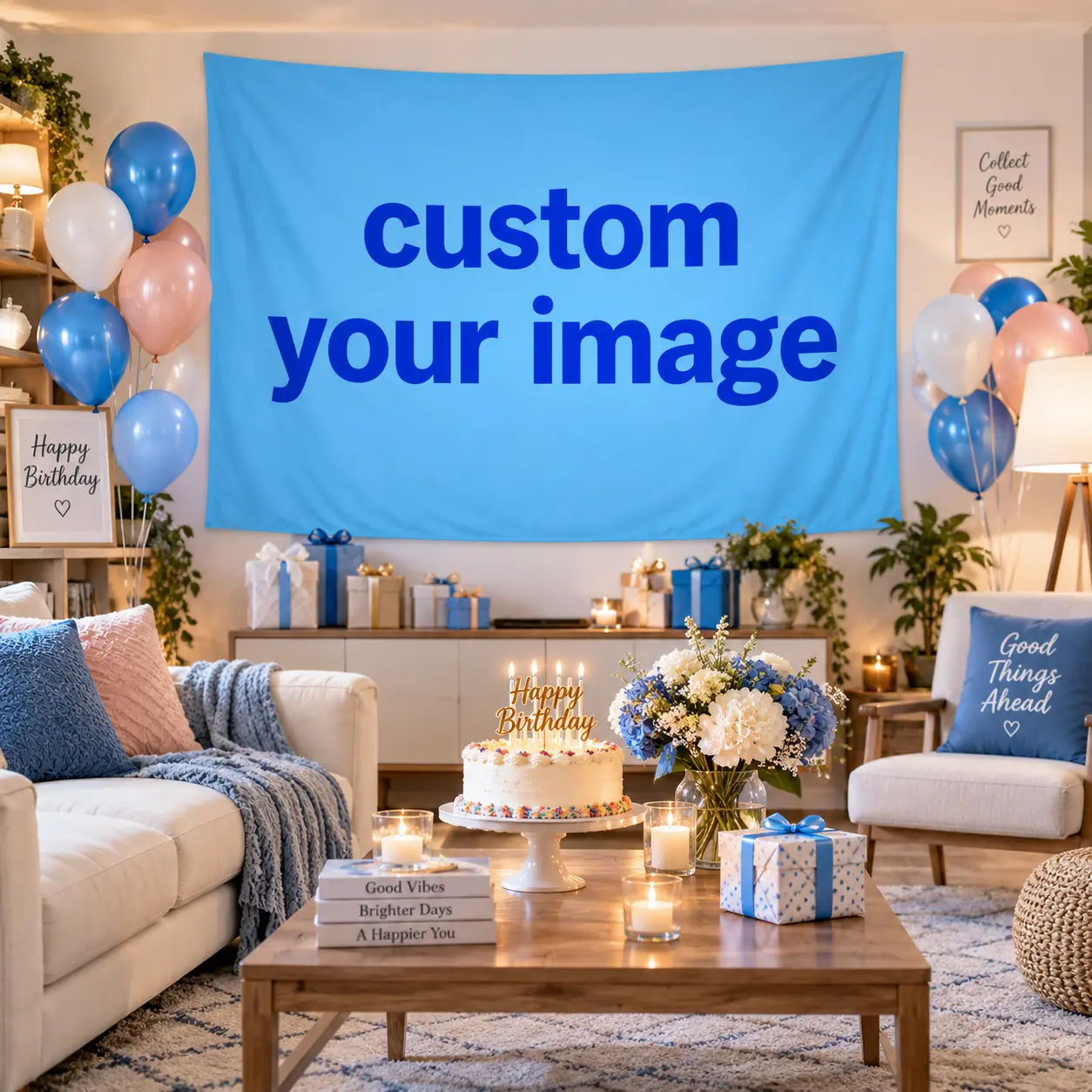 Polyester Hangable Custom Photo-Name Bright Blue Birthday Backdrop, Cute Casual Personalized Party Banner for Kids Celebration