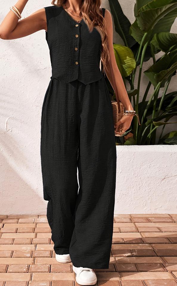 Women's 2 Piece Vest and Pants Set, Casual Button Down Waistcoat and Wide Leg Pants Matching Outfit