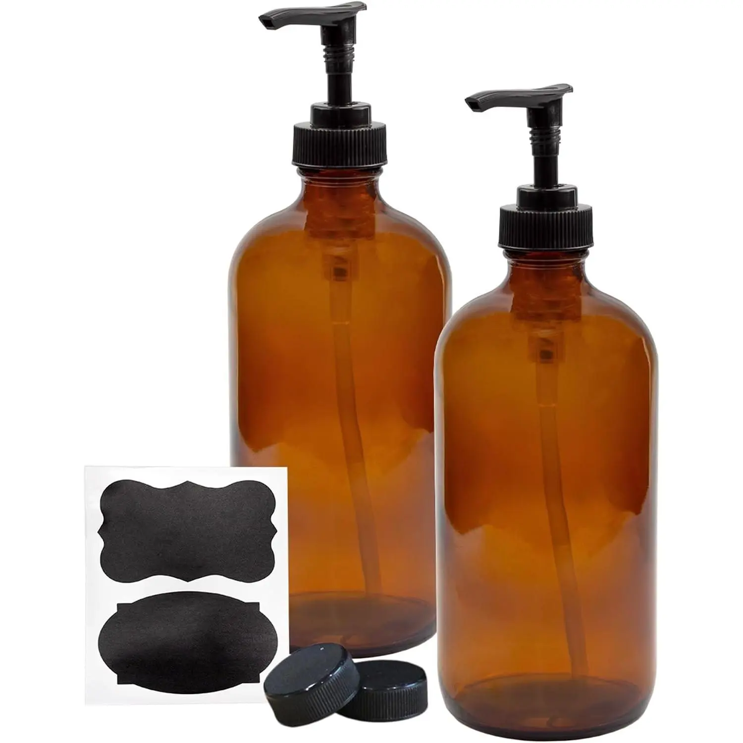 16oz Amber Glass Bottles w/ Pump Dispensers (2-Pack); Refillable Lotion Liquid Soap Pump Brown Bottles Labels, BPA-Free Plastic Tops