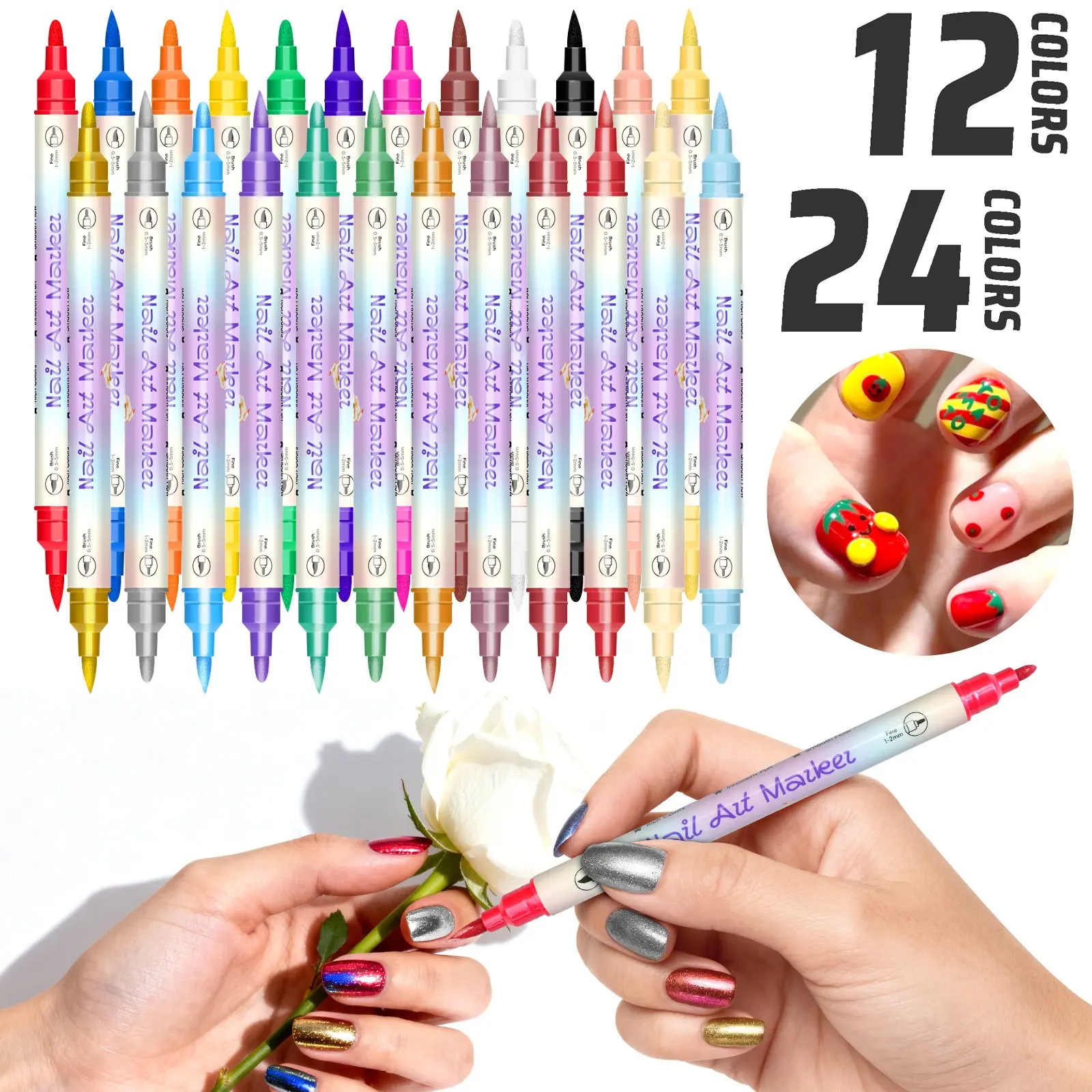 12/24 Colors Dual-Ended Nail Art Doodle Pens, Nail Art Design, Fluorescent Tips, DIY Manicure Tools, Professional Nail Art Supplies, Home & Salon Use, Nail Drawing Pens