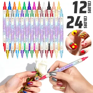 12/24 Color Dual-Ended Nail Art Design Doodle Pens, Fluorescent Tips, DIY Manicure Tools, Professional Nail Art Supplies, Nail Art Accessories, Home & Salon Use