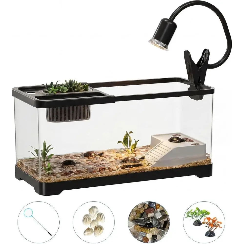 Gaomon Turtle Tank Starter Kit, 3G Turtle Aquarium with Basking Platform & Turtle Light, 7PCS Acrylic Turtle Habitat for Small Turtles & Reptiles