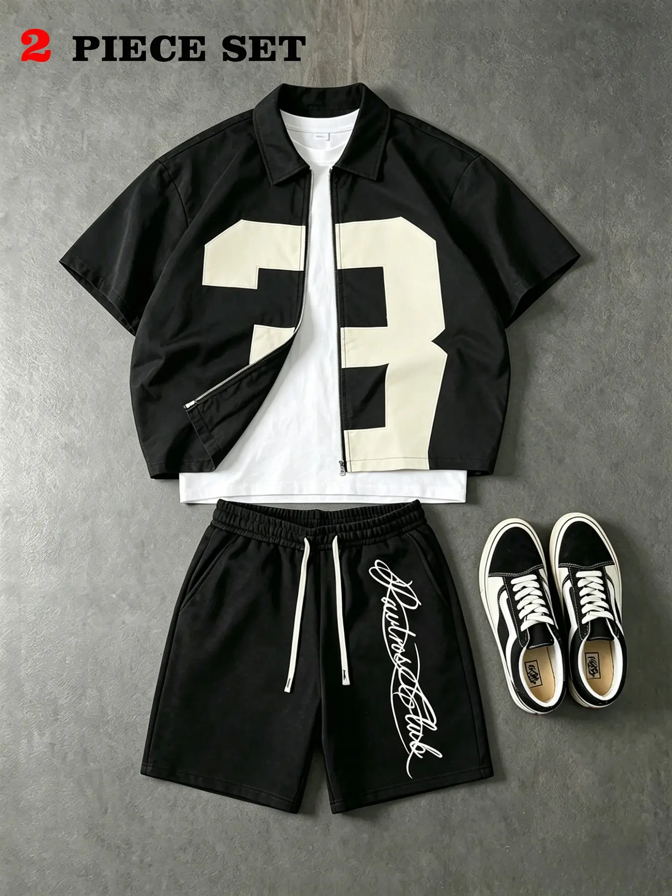 Men's Two-Piece Set, Classic Sets, Large Number 3 Patch Print Lapel Short Sleeve Zipper Jacket + Handwritten Script Drawstring Shorts, Classic Casual Streetwear