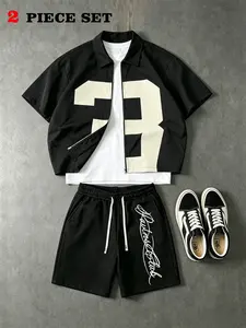 Men's Two-Piece Set, Large Number 3 Patch Print Lapel Short Sleeve Zipper Jacket + Handwritten Script Drawstring Shorts, Casual Streetwear