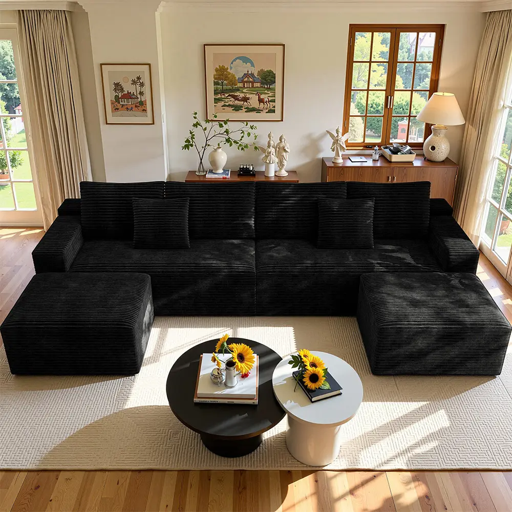 138" U-Shape Sectional Cloud Couch with Ottoman Modular Deep Seating Sofa, Oversized 6-Seater Boneless Couch，Premium High-Density Foam & Plush Corduroy, Upholstered Soft Couch, Modern Living Room Furniture Cozy Comfortable Design, No Assembly Required