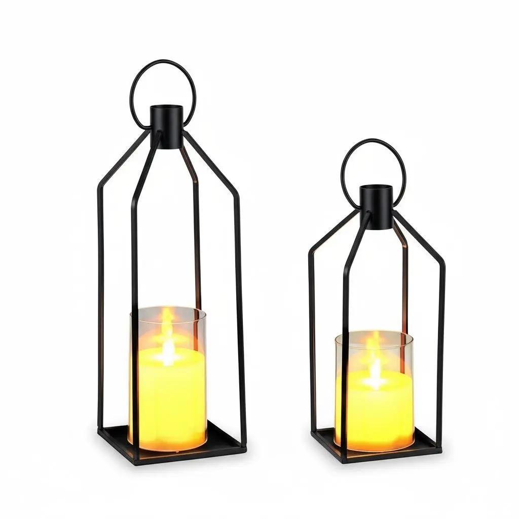 LED Flameless Candle Lantern Set, Decorative Metal Lanterns with Remote Control, Battery Operated Flickering Candles,12+15 Inch