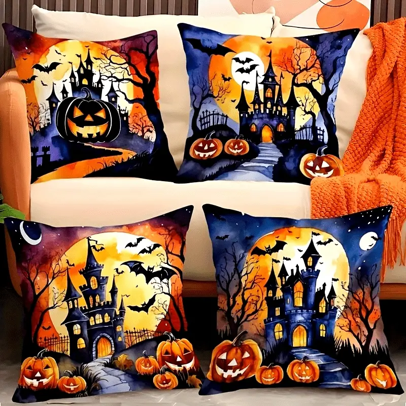 4-Pack Halloween Throw Pillow Covers 18x18 Inch, Lodge Style Zipper Closure, Machine Washable, Woven Polyester, Allergy-Friendly Decorative Cushion Cases for Various Rooms - Bat, Cat, Pumpkin, Castle Motifs