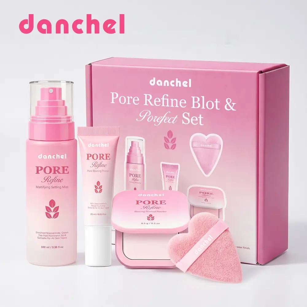 Primer + Setting Mist + Blotting Powder + Heart Puff, Makeup Combo, 3-Step Pore-Blurring & Oil Control for Long-Lasting Matte Finish, Ideal for All Skin Daily Wear & Touch-Ups