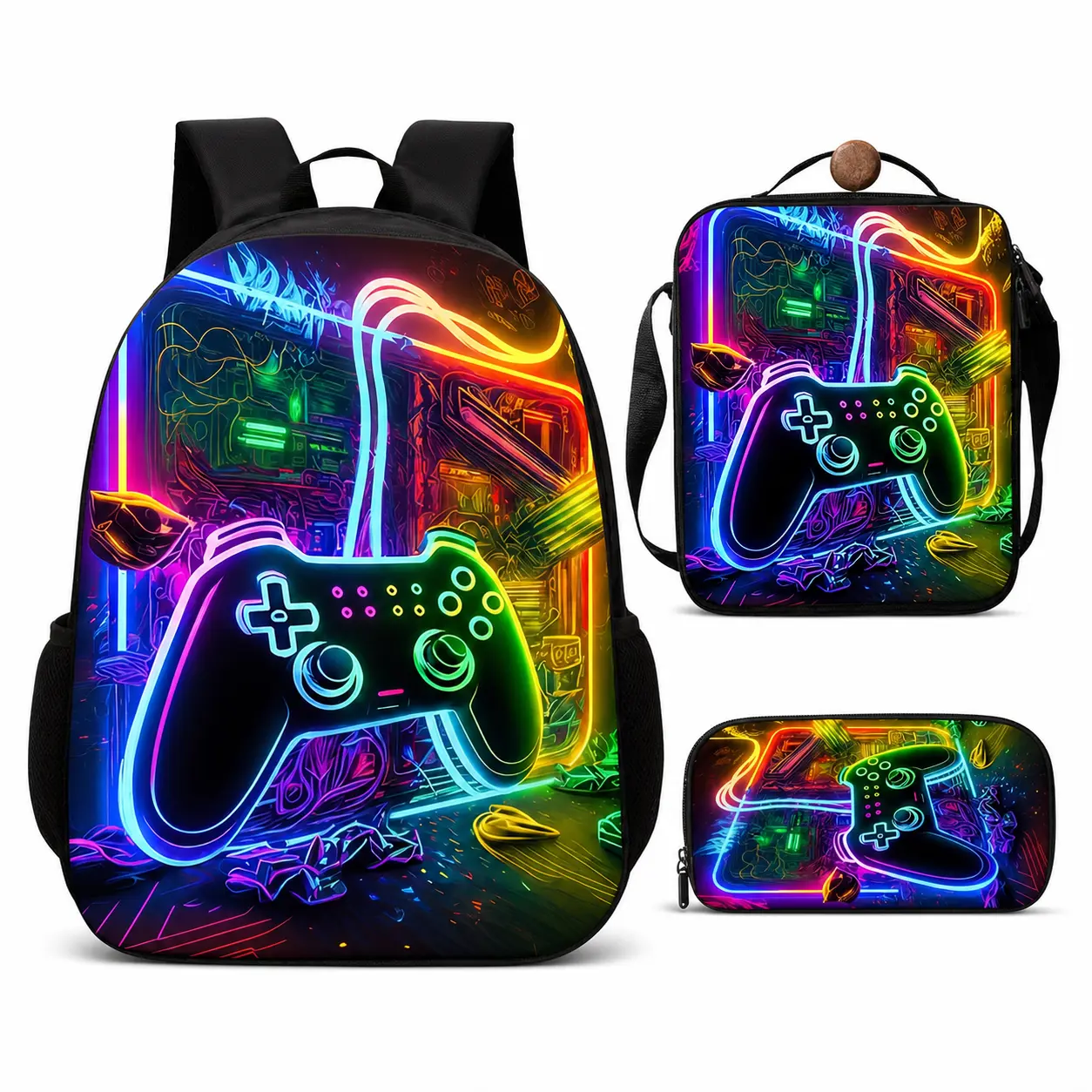 Polyester Neon Gamer 3-Piece Backpack Set for Kids - Rainbow Game Controller School Backpack, Insulated Lunch Bag, Pencil Case, Back to School Travel Daypack Gift, Insulated Bag, Controller Motif, Gaming Theme