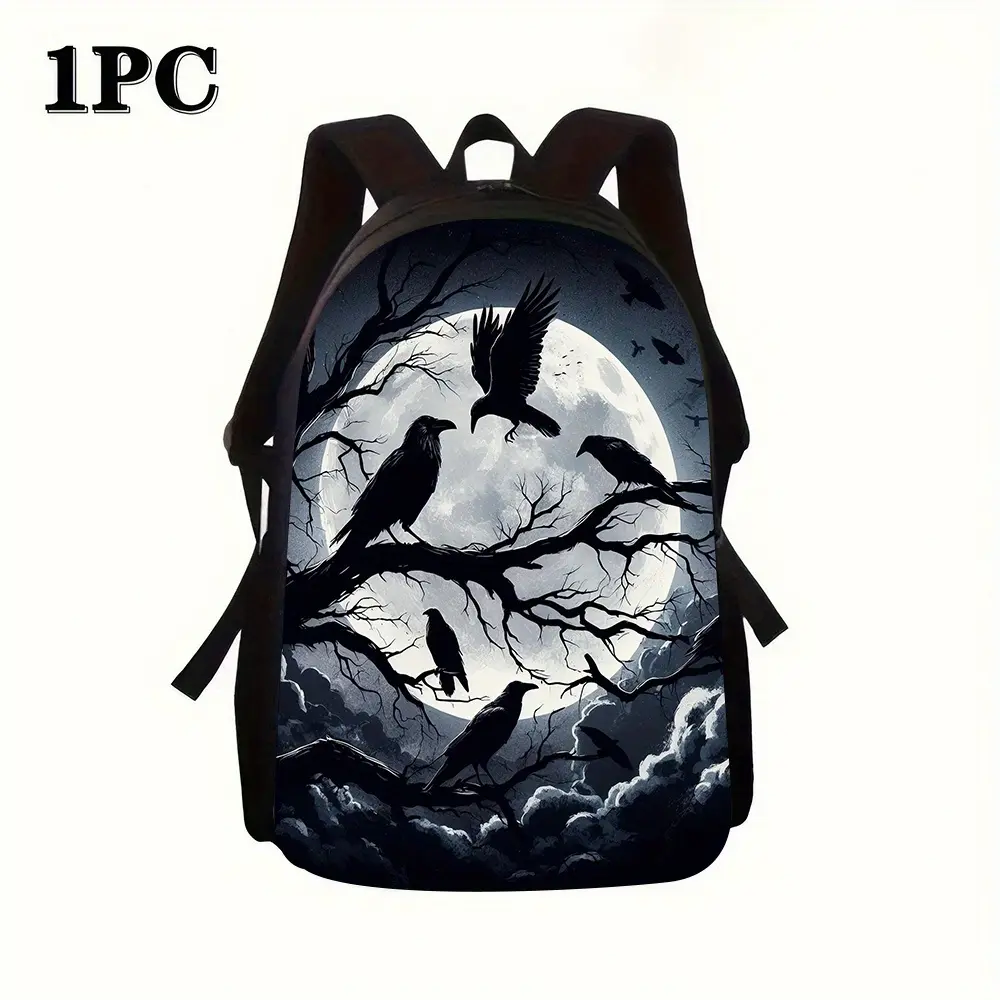 1pc Gothic Crow & Raven Backpack with Adjustable Straps - Lightweight School Backpack for Teens & Adults, Zip Closure, Polyester Lining, Raven & Moon Print Design, Hand Washable Travel Backpack for Casual Everyday Use, Dark Fantasy Style (Ages 14+), Crow