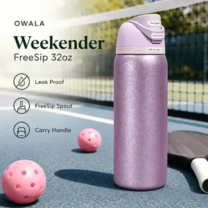 Owala Weekender 32oz Insulated Stainless Steel Vacuum Flask - Shiny Lavender Glitter Glossy Solid Finish, FreeSip Spout, Leakproof, Wide Mouth, Carry Handle, for Pickleball Tennis Sports (Silicone-FreeSip Component, Plastic-Free Exterior)