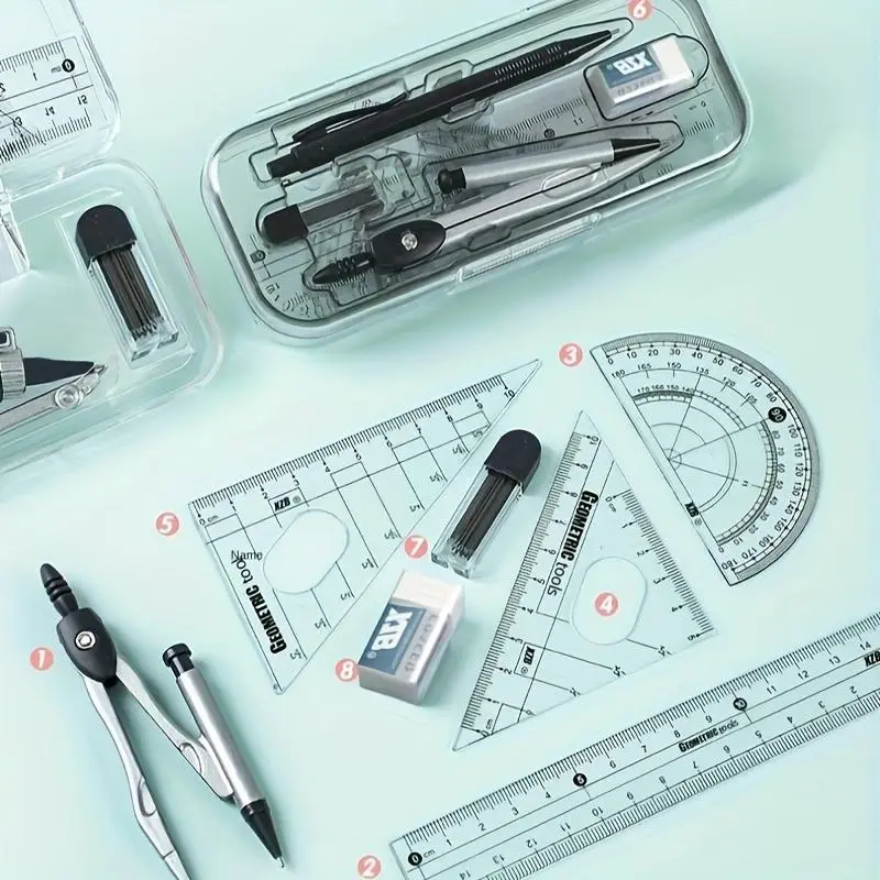 8pcs Compass Set Student Exam Supplies Round Ruler Triangle Board Study Tools