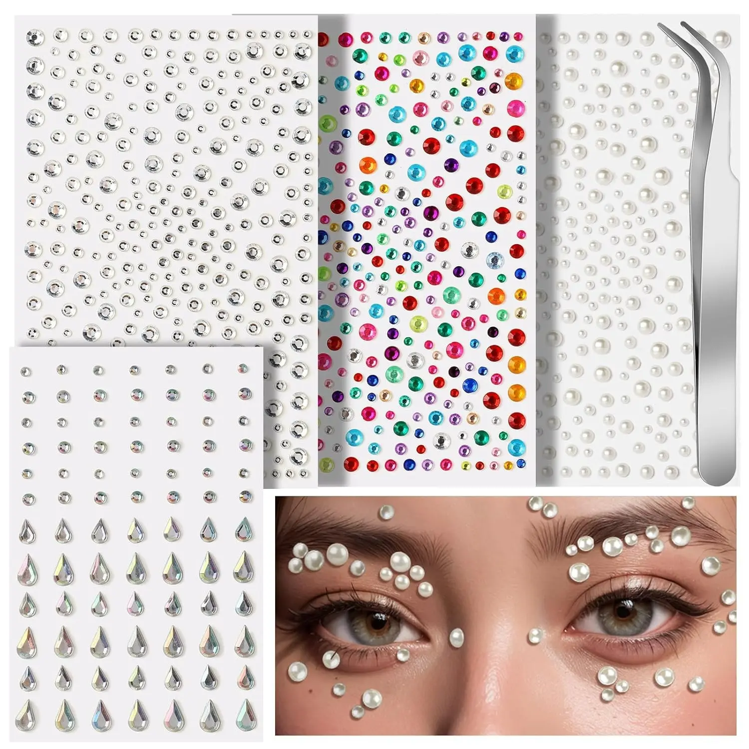 4 Pcs Face Gems With Tweezers Self-Adhesive Face Gems and Pearls for Makeup, Glitter Sparkle, Sparkle Makeup, Festival Jewels for Halloween Rave Accessories Hair Gems, Rhinestone Stickers for Face, Eye, Makeup, Body
