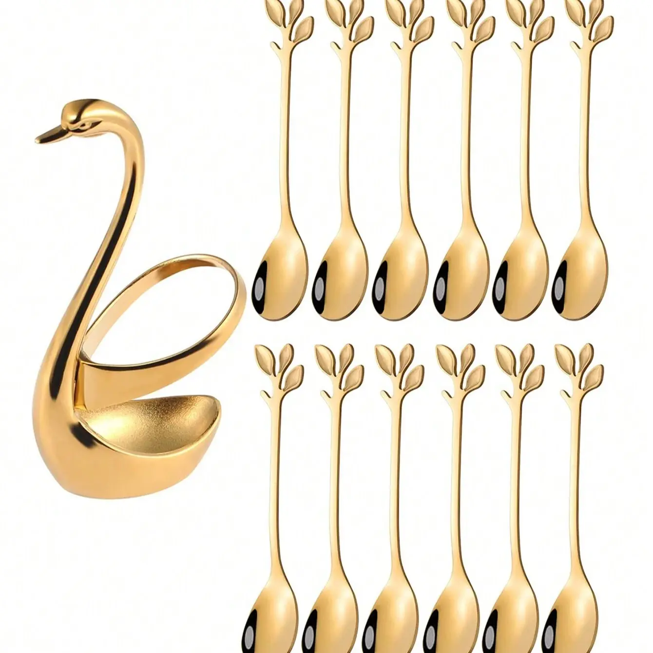 Gold Swan Base With 10-Pcs Mini Leaf Coffee Spoon Holder Set - 4.7" | Stainless Steel Leaf Handle Spoons, Cutlery Tableware, Small Spoons,Espresso Spoons,Tea Spoons,Dessert Spoons,Demitasse Spoons