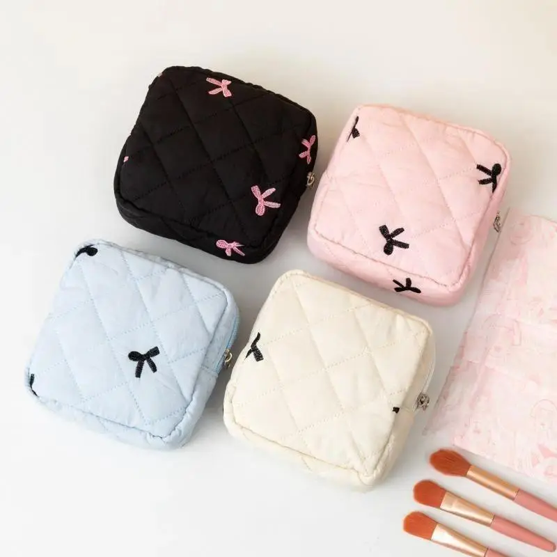 4 Pack Plaid Sanitary Pad Storage Pouch, Bow Decor Multi Pocket Travel Cosmetic Organizer Bag