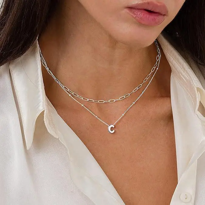 Trendy Layered Letter A-Z Pendant Necklace, 2Pcs Layering Beaded Paperclip 304L Stainless Steel Chain Choker Necklace Dainty Pendant Letter A-Z Daily Vacations, Party Wear, Jewelry, Holiday Gift