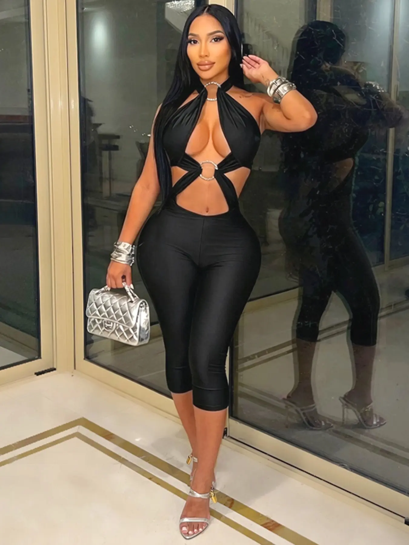 Women's Fall New Solid Color Sexy Fitted Round Neck Backless Sleeveless Long Jumpsuit, Trendy Fashionable Bodycon Design
